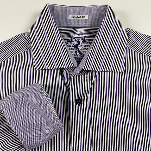 Bugatchi Shaped Fit Shirt Mens Small Purple White Stripe Cotton - Picture 2 of 11